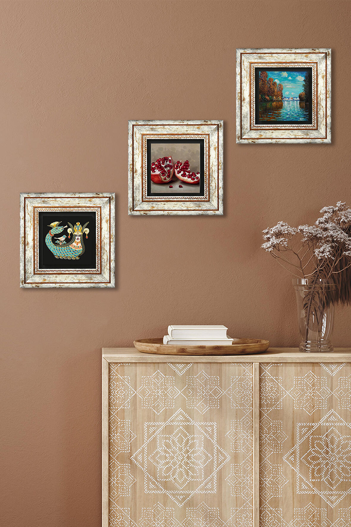 Claude Monet Sonbahar, Şahmeran, Nar Taş Duvar Tablosu Çerçeveli Duvar Dekoru 3 Parça Tablo Seti Wall Art