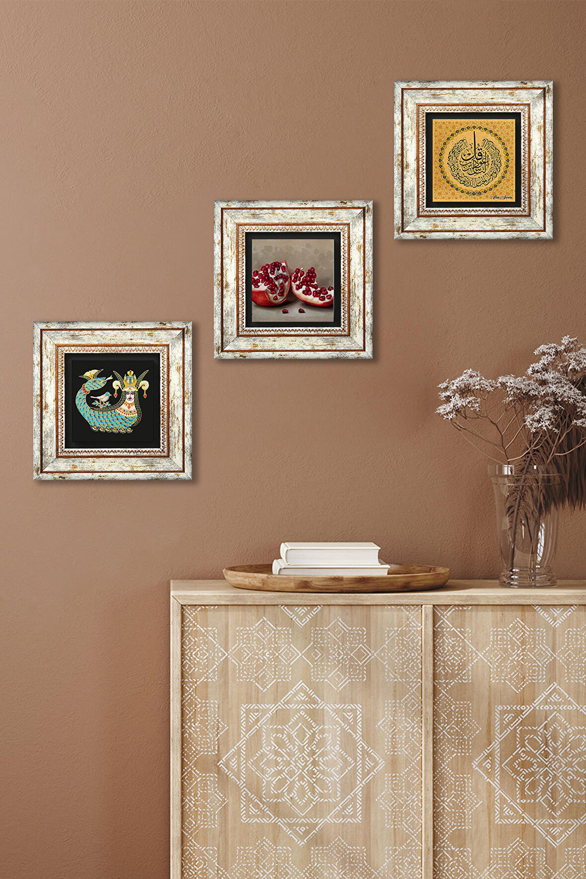 Nas Suresi, Şahmeran, Nar Taş Duvar Tablosu Çerçeveli Duvar Dekoru 3 Parça Tablo Seti Wall Art