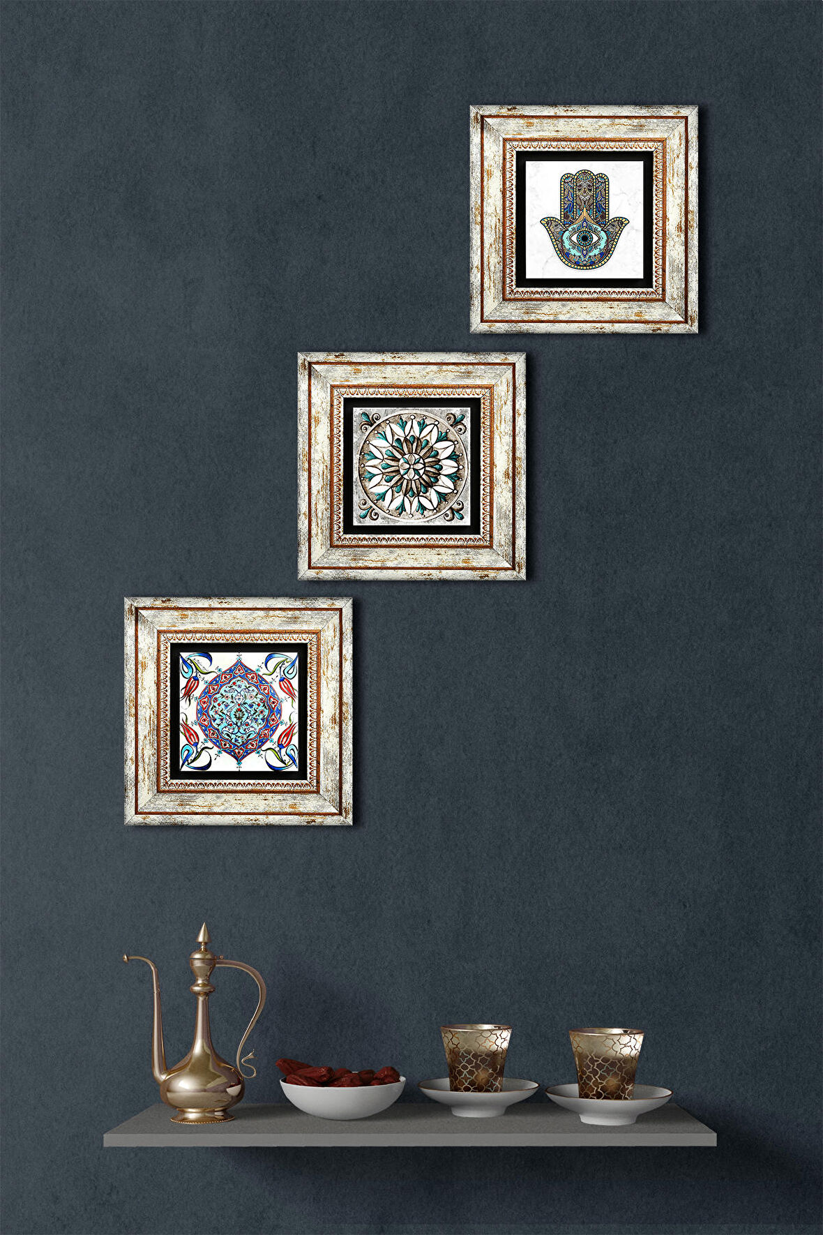 Çini Sanatı, Fatma Ana Eli (Hamsa) Taş Duvar Tablosu Çerçeveli Duvar Dekoru 3 Parça Tablo Seti Wall Art