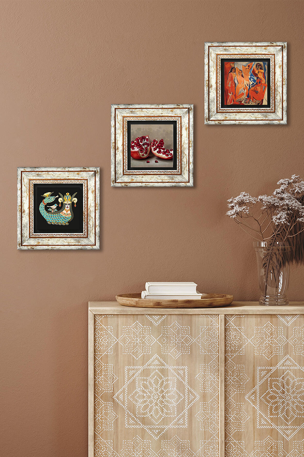 Picasso Avignonlu Kızlar, Şahmeran, Nar Taş Duvar Tablosu Çerçeveli Duvar Dekoru 3 Parça Tablo Seti Wall Art