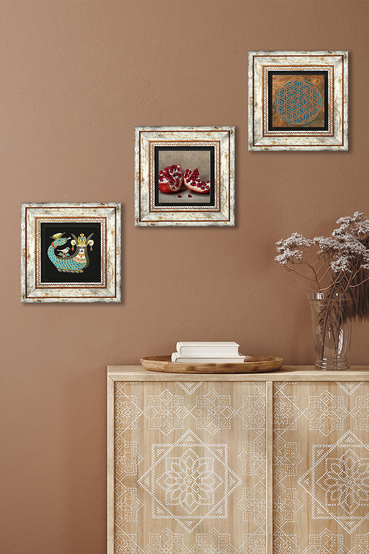 Yaşam Çiçeği, Şahmeran, Nar Taş Duvar Tablosu Çerçeveli Duvar Dekoru 3 Parça Tablo Seti Wall Art