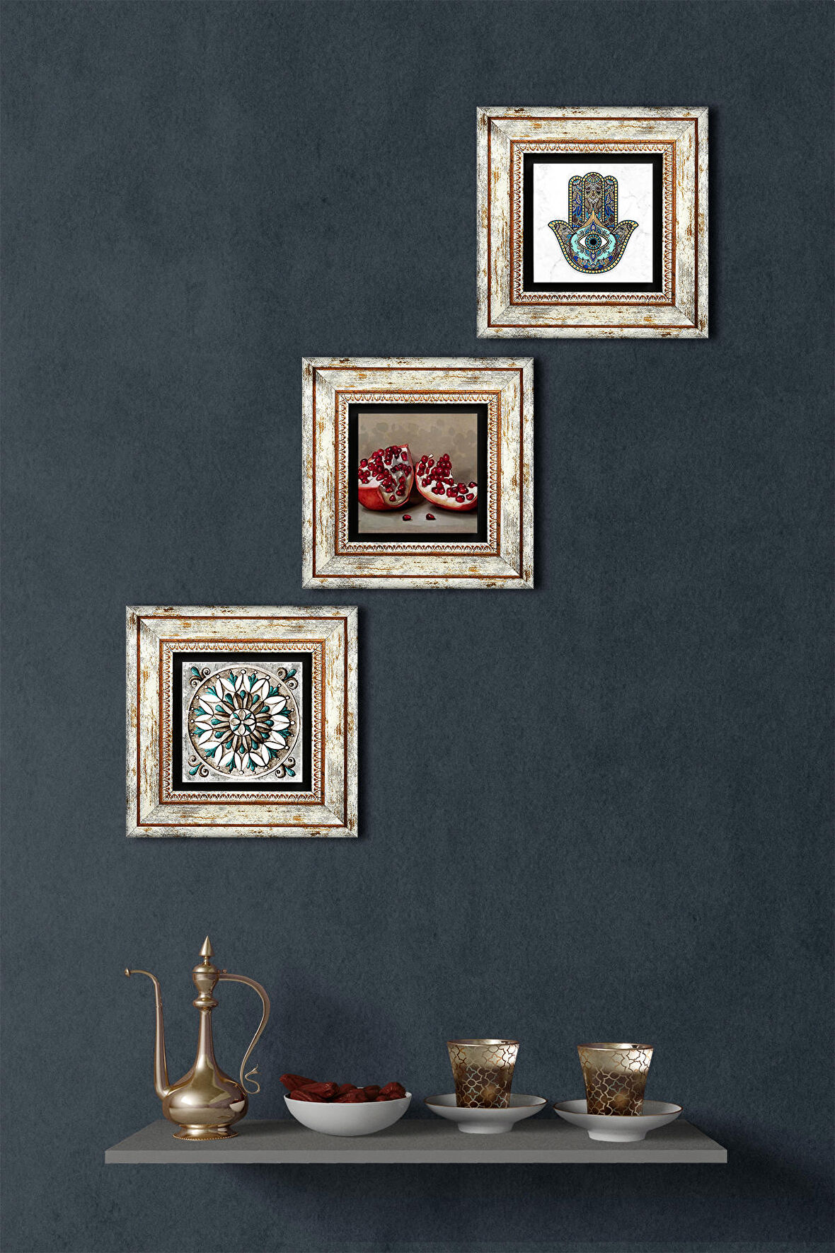 Çini Sanatı, Nar, Fatma Ana Eli (Hamsa) Taş Duvar Tablosu Çerçeveli Duvar Dekoru 3 Parça Tablo Seti Wall Art