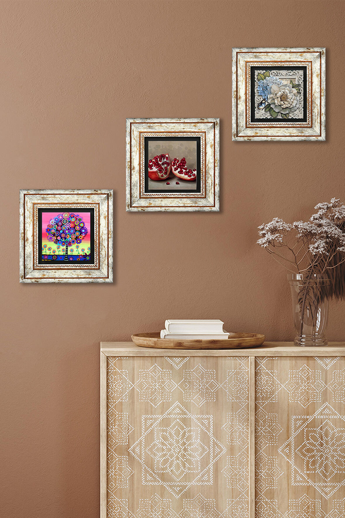 Kelebekli Çiçek, Hayat Ağacı, Nar Taş Duvar Tablosu Çerçeveli Duvar Dekoru 3 Parça Tablo Seti Wall Art