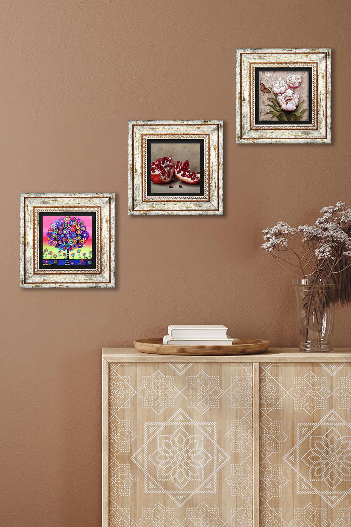Kelebekli Çiçek, Hayat Ağacı, Nar Taş Duvar Tablosu Çerçeveli Duvar Dekoru 3 Parça Tablo Seti Wall Art