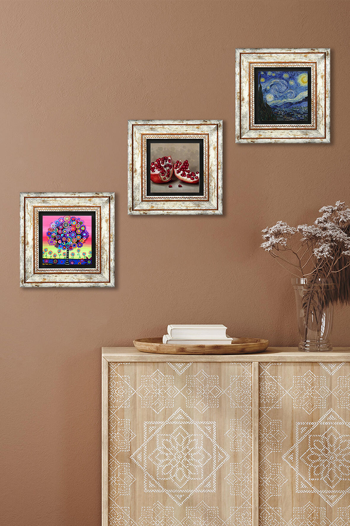 Van Gogh Yıldızlı Gece, Karla Gerard Hayat Ağacı, Nar Taş Duvar Tablosu Çerçeveli Duvar Dekoru 3 Parça Tablo Seti Wall Art