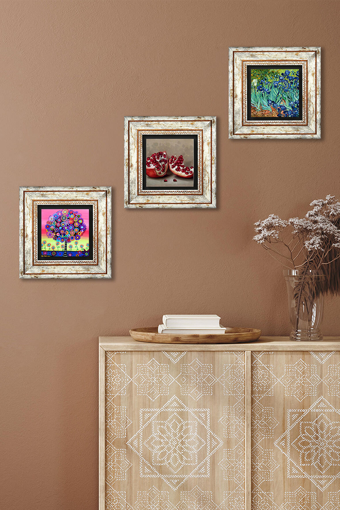 Van Gogh İrisler, Karla Gerard Hayat Ağacı, Nar Taş Duvar Tablosu Çerçeveli Duvar Dekoru 3 Parça Tablo Seti Wall Art