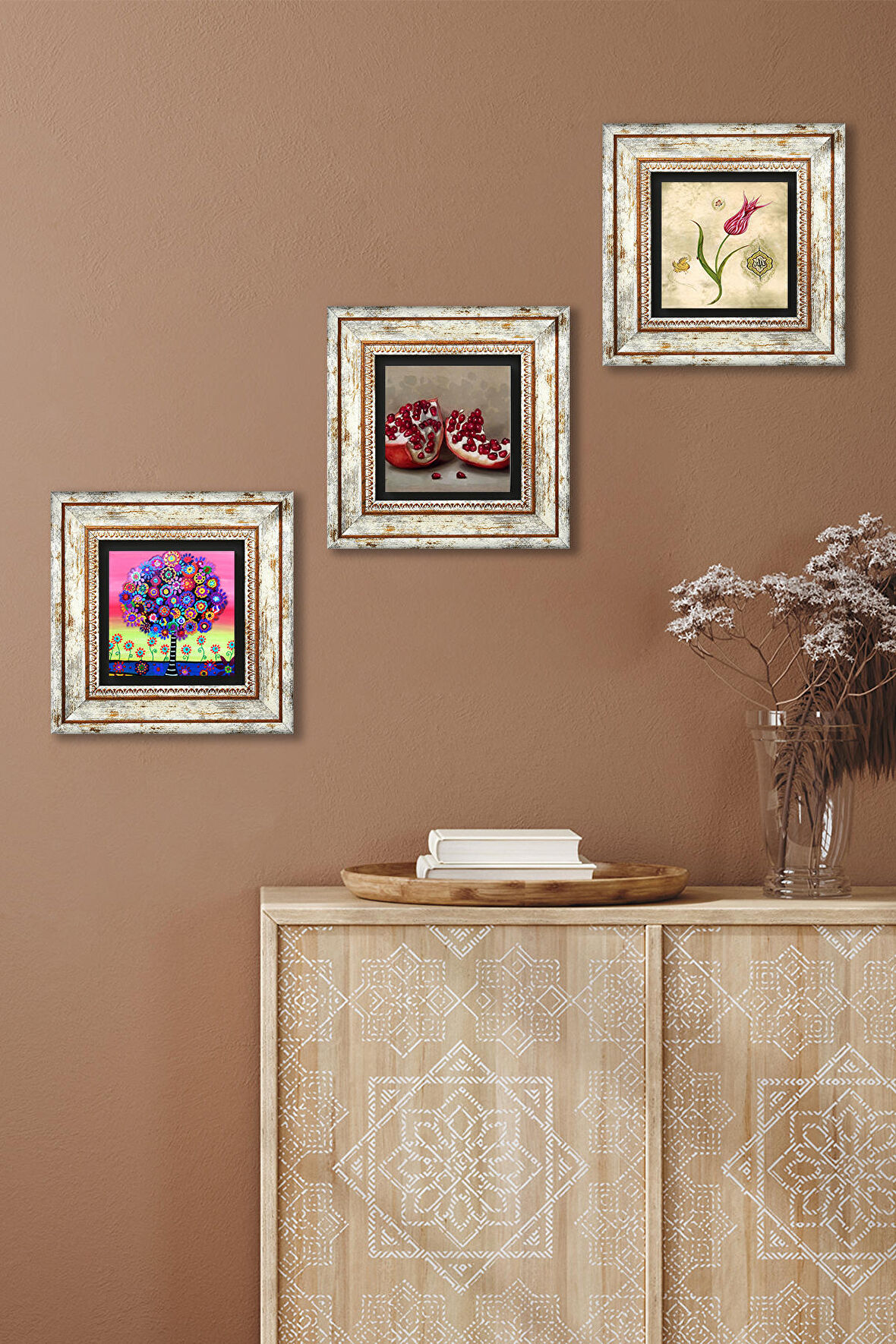 Lale Ebru Sanatı, Hayat Ağacı, Nar Taş Duvar Tablosu Çerçeveli Duvar Dekoru 3 Parça Tablo Seti Wall Art