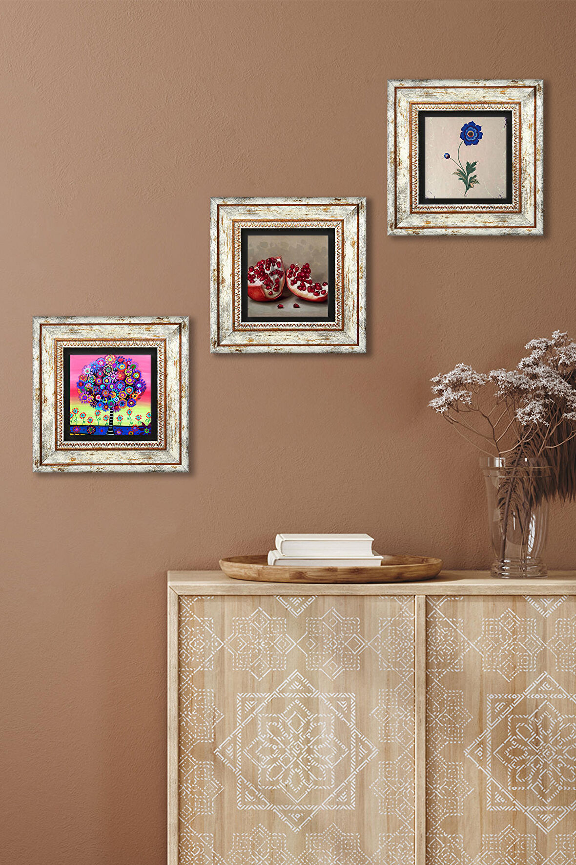 Ebru Sanatı, Hayat Ağacı, Nar Taş Duvar Tablosu Çerçeveli Duvar Dekoru 3 Parça Tablo Seti Wall Art