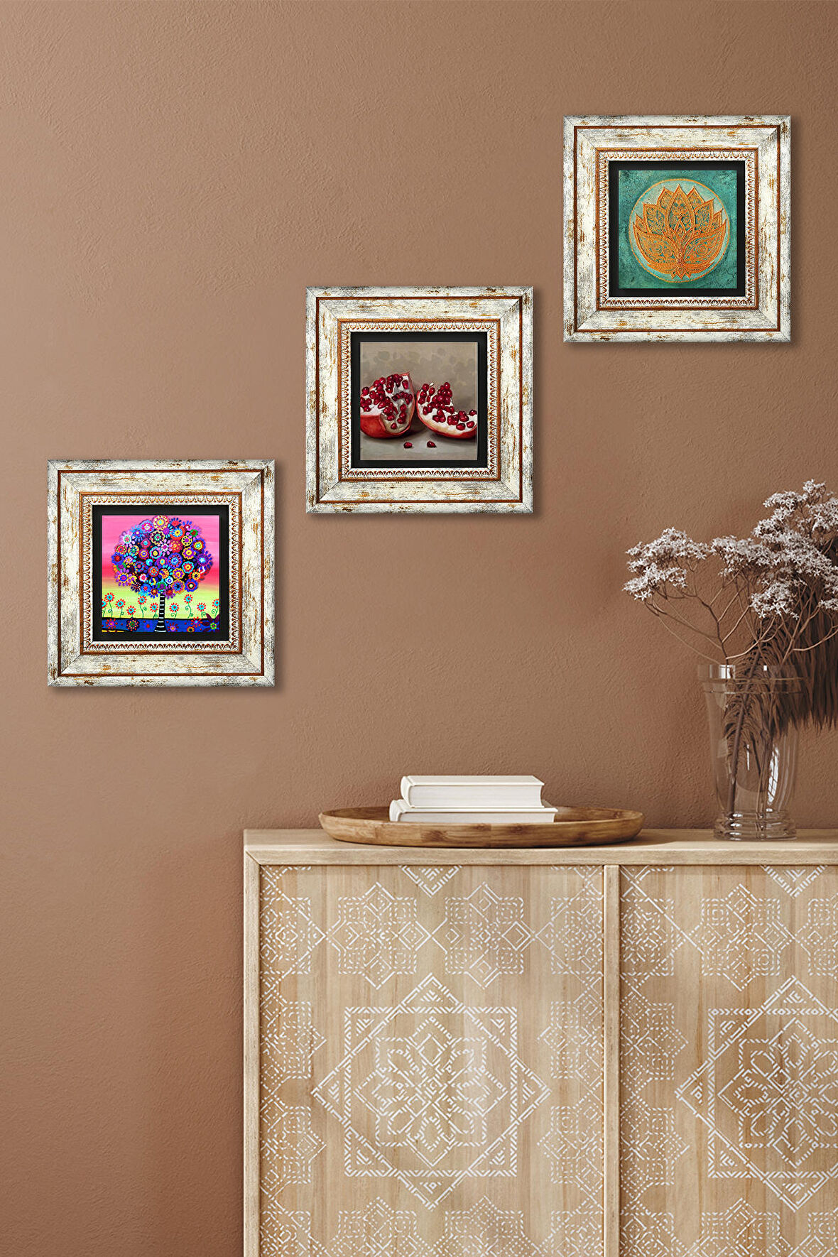 Lotus Çiçeği, Hayat Ağacı, Nar Taş Duvar Tablosu Çerçeveli Duvar Dekoru 3 Parça Tablo Seti Wall Art