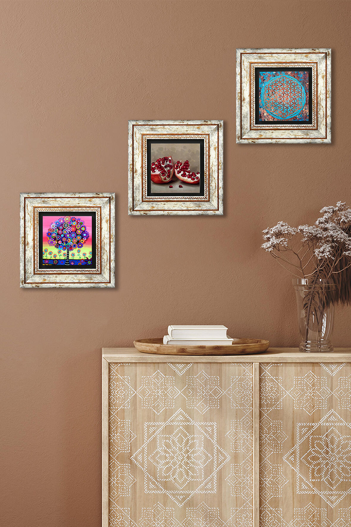 Yaşam Çiçeği, Karla Gerard Hayat Ağacı, Nar Taş Duvar Tablosu Çerçeveli Duvar Dekoru 3 Parça Tablo Seti Wall Art