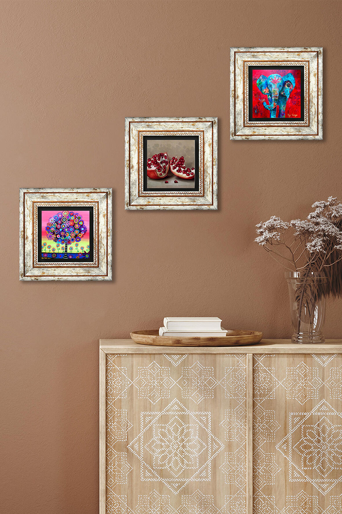 Fil, Hayat Ağacı, Nar Taş Duvar Tablosu Çerçeveli Duvar Dekoru 3 Parça Tablo Seti Wall Art