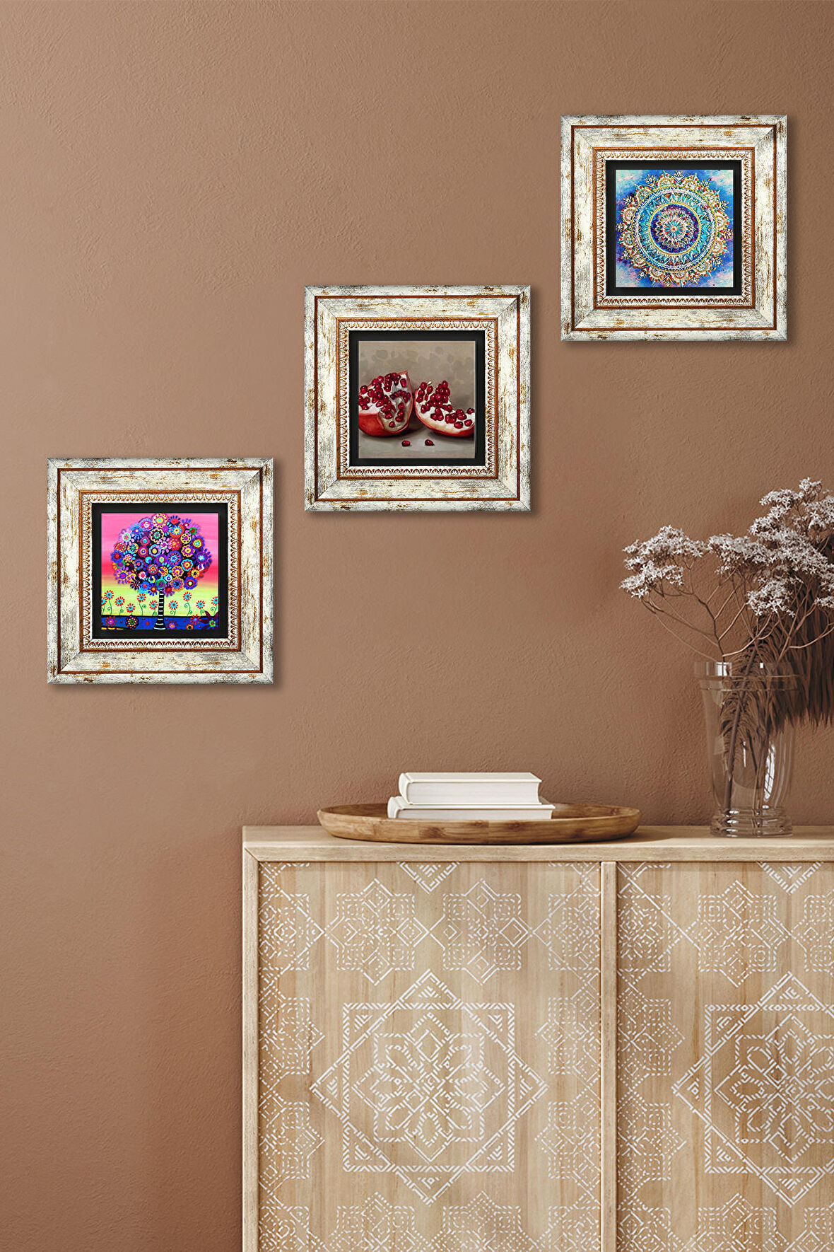 Mandala, Hayat Ağacı, Nar Taş Duvar Tablosu Çerçeveli Duvar Dekoru 3 Parça Tablo Seti Wall Art