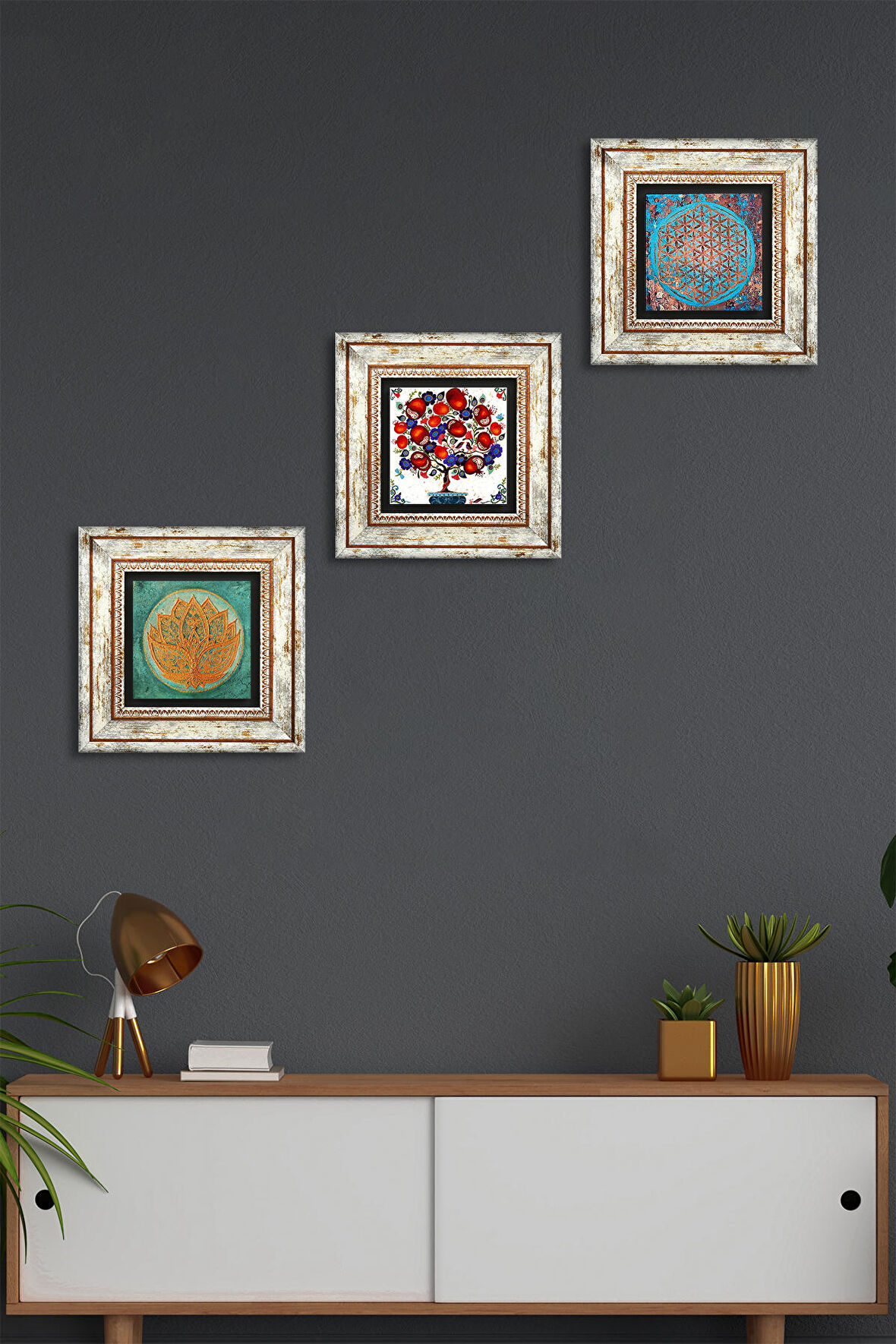 Yaşam Çiçeği, Lotus Çiçeği, Nar Ağacı Taş Duvar Tablosu Çerçeveli Duvar Dekoru 3 Parça Tablo Seti Wall Art