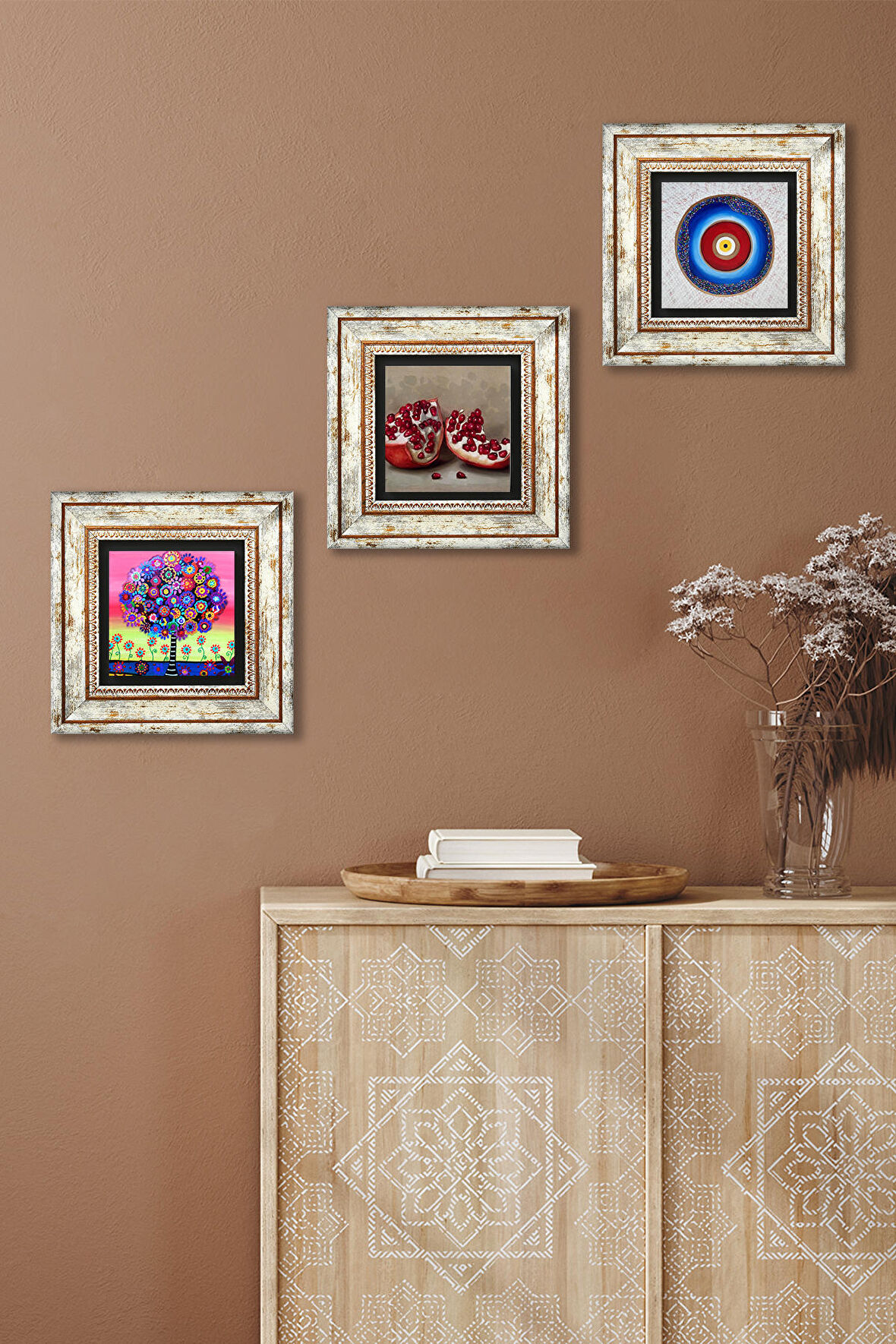 Nazar, Hayat Ağacı, Nar Taş Duvar Tablosu Çerçeveli Duvar Dekoru 3 Parça Tablo Seti Wall Art