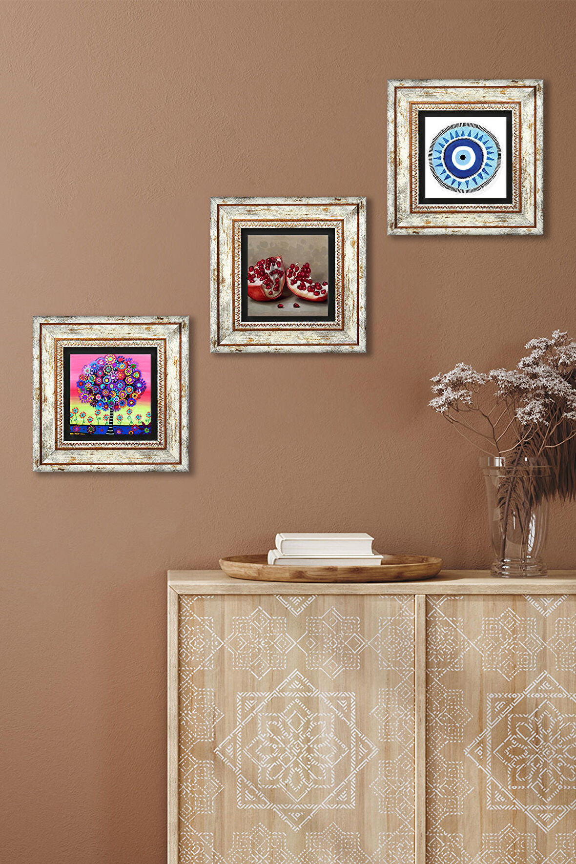 Nazar, Hayat Ağacı, Nar Taş Duvar Tablosu Çerçeveli Duvar Dekoru 3 Parça Tablo Seti Wall Art