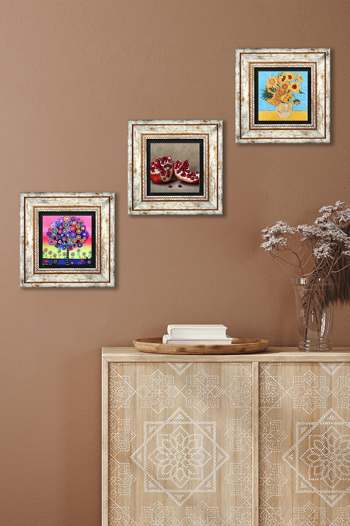 Van Gogh On İki Ayçiçekli Vazo, Hayat Ağacı, Nar Taş Duvar Tablosu Çerçeveli Duvar Dekoru 3 Parça Tablo Seti Wall Art