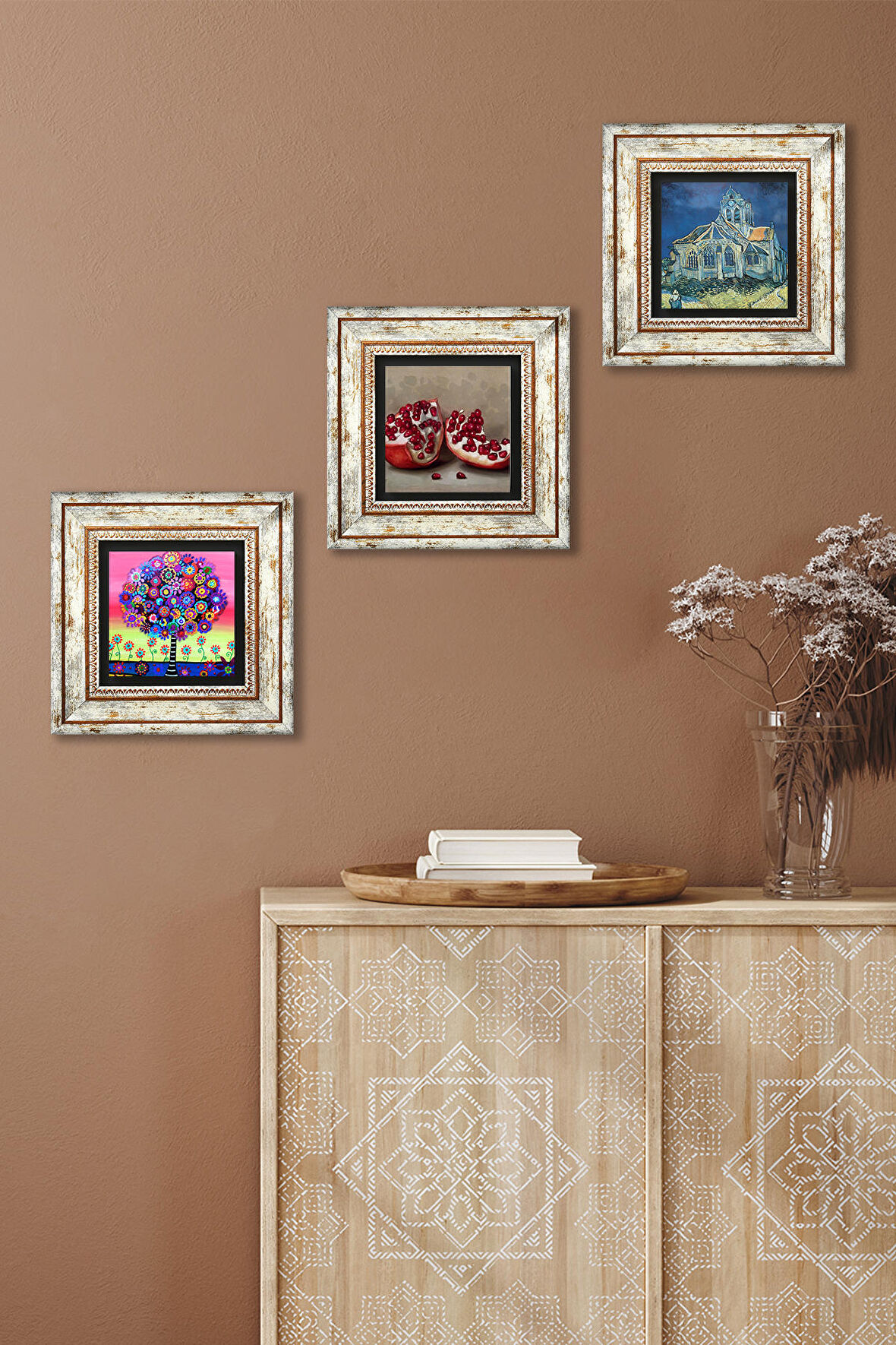 Van Gogh Auvers'deki Kilise, Karla Gerard Hayat Ağacı, Nar Taş Duvar Tablosu Çerçeveli Duvar Dekoru 3 Parça Tablo Seti Wall Art