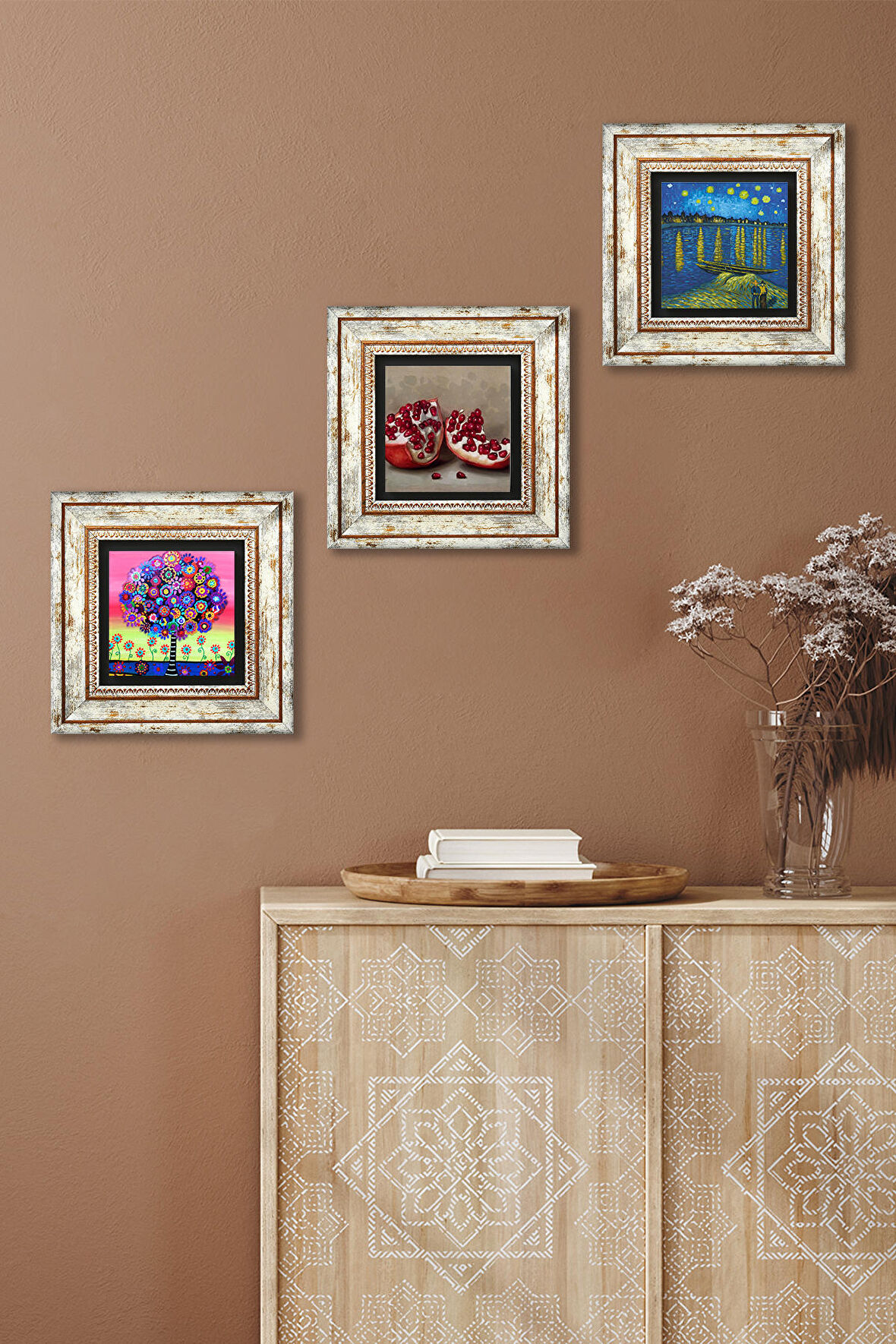 Van Gogh Ren Nehri’nde Yıldızlı Bir Gece, Hayat Ağacı, Nar Taş Duvar Tablosu Çerçeveli Duvar Dekoru 3 Parça Tablo Seti Wall Art