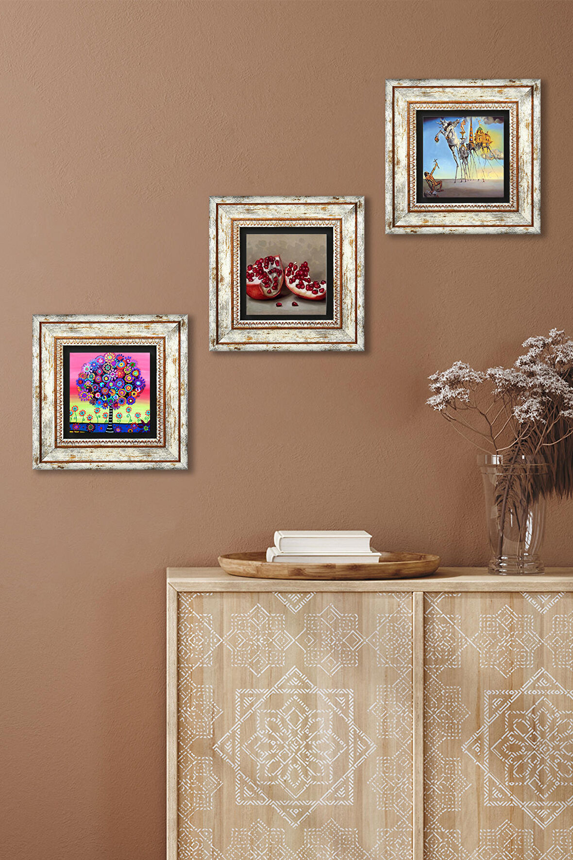 Salvador Dalí, Karla Gerard Hayat Ağacı, Nar Taş Duvar Tablosu Çerçeveli Duvar Dekoru 3 Parça Tablo Seti Wall Art