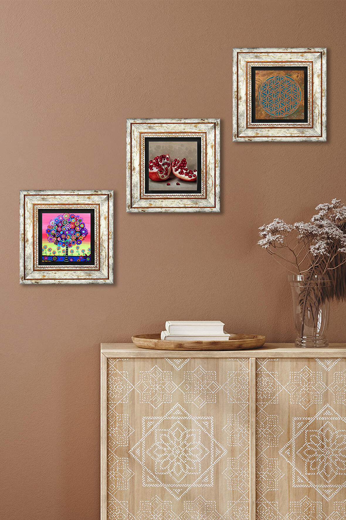 Yaşam Çiçeği, Karla Gerard Hayat Ağacı, Nar Taş Duvar Tablosu Çerçeveli Duvar Dekoru 3 Parça Tablo Seti Wall Art