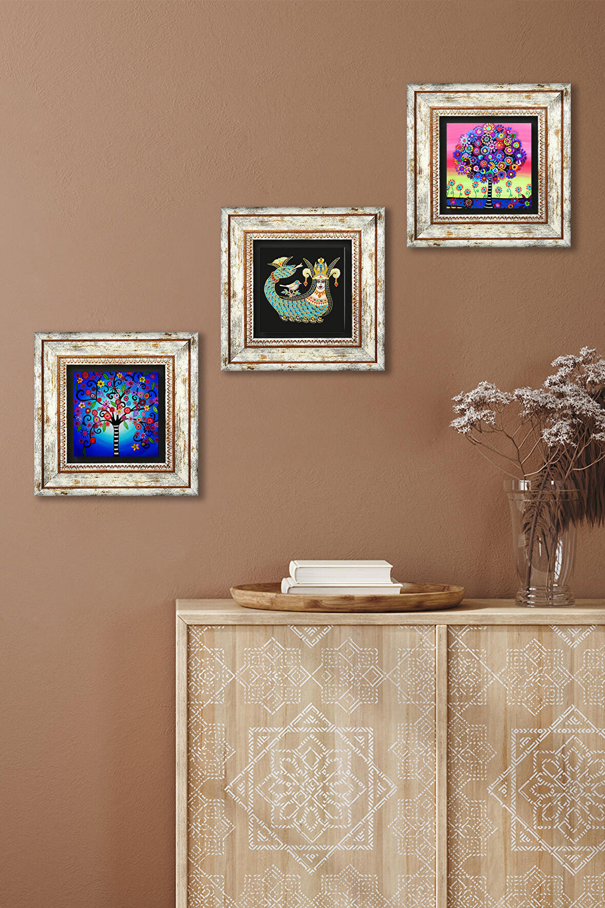 Hayat Ağacı, Şahmeran Taş Duvar Tablosu Çerçeveli Duvar Dekoru 3 Parça Tablo Seti Wall Art