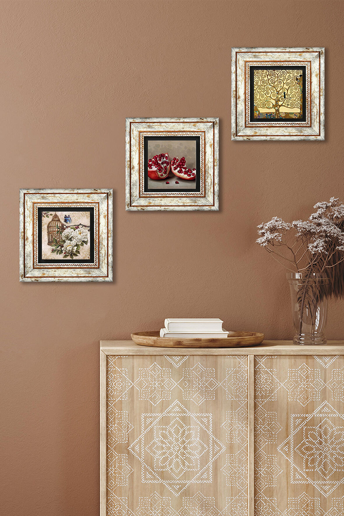 Gustav Klimt Hayat Ağacı, Kelebekli Çiçek, Nar Taş Duvar Tablosu Çerçeveli Duvar Dekoru 3 Parça Tablo Seti Wall Art