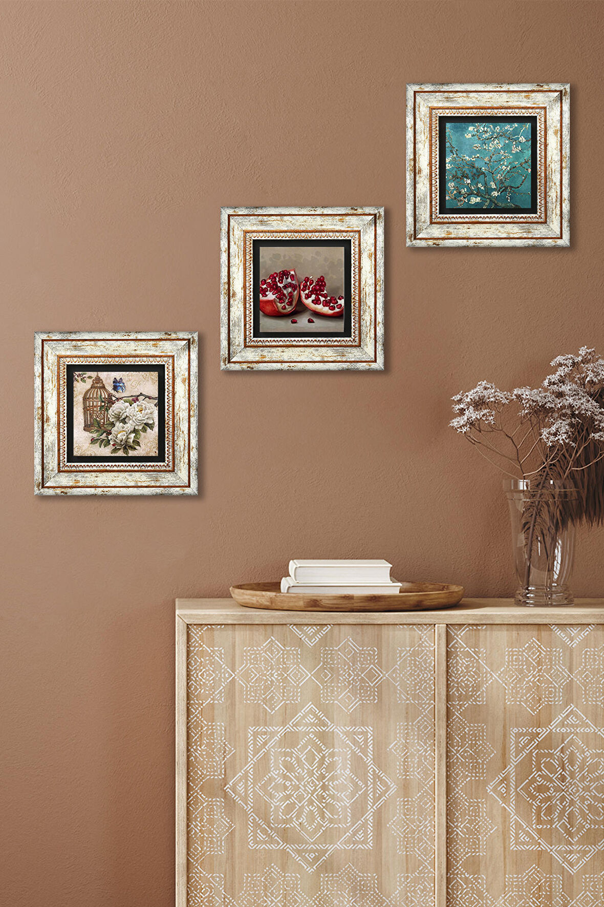 Van Gogh Badem Ağacı, Kelebekli Çiçek, Nar Taş Duvar Tablosu Çerçeveli Duvar Dekoru 3 Parça Tablo Seti Wall Art