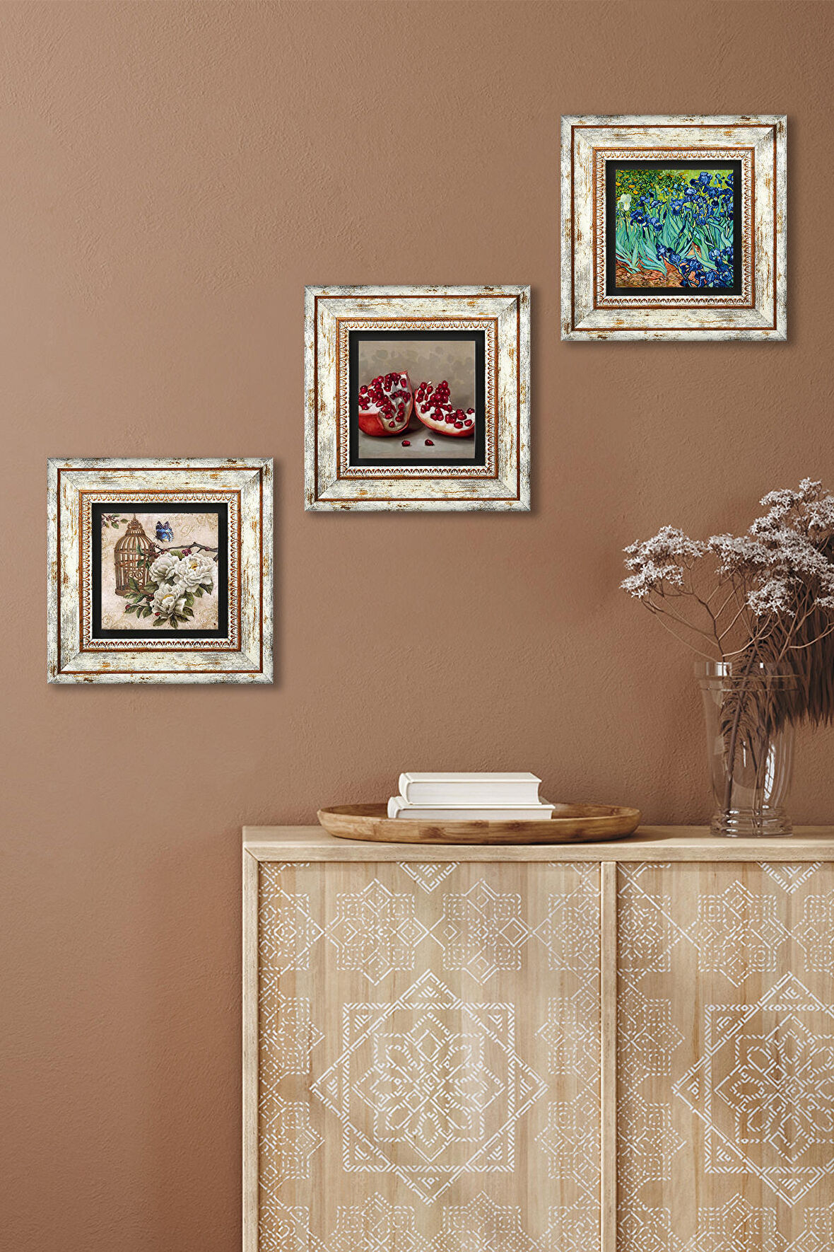 Van Gogh İrisler, Kelebekli Çiçek, Nar Taş Duvar Tablosu Çerçeveli Duvar Dekoru 3 Parça Tablo Seti Wall Art