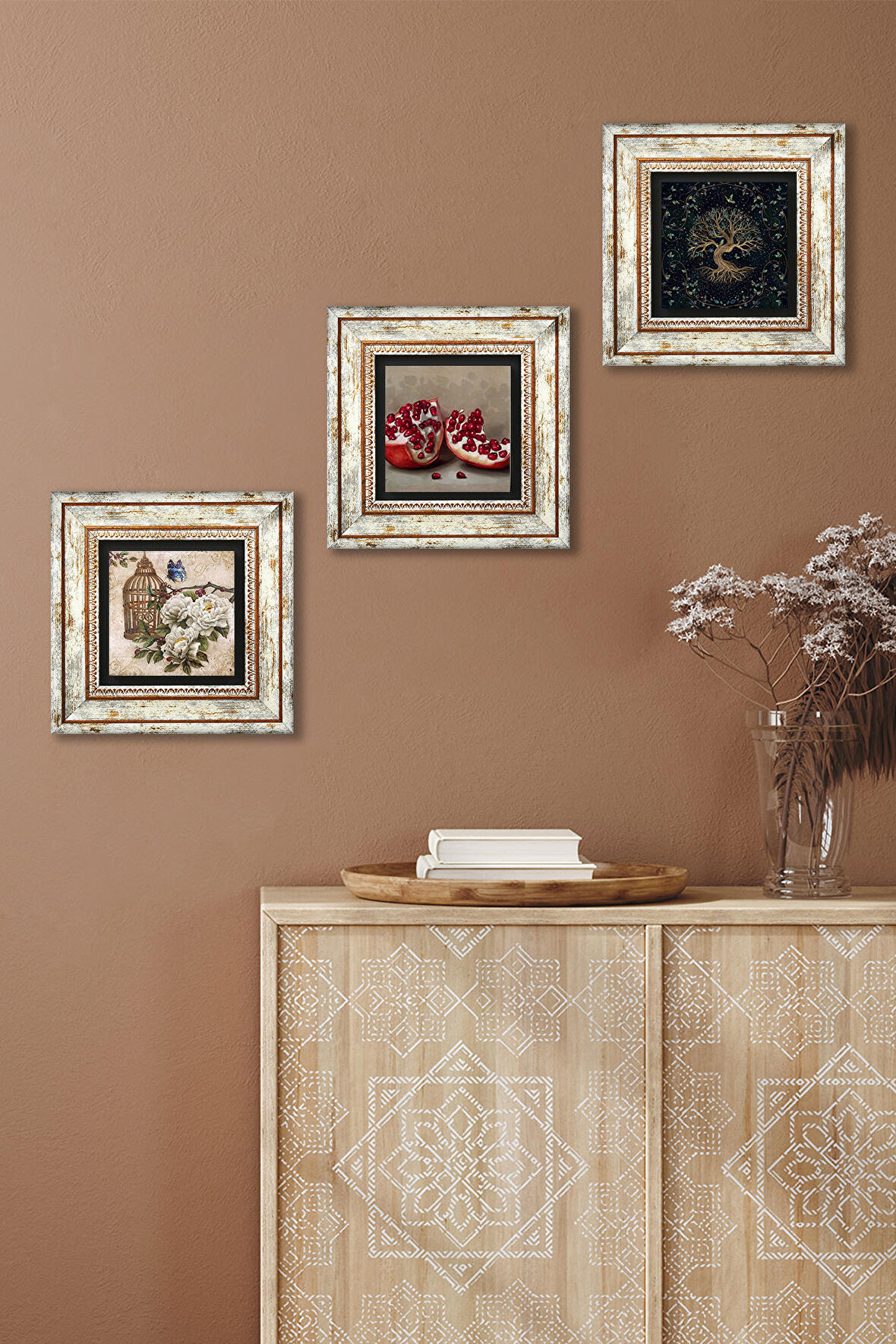 Hayat Ağacı, Kelebekli Çiçek, Nar Taş Duvar Tablosu Çerçeveli Duvar Dekoru 3 Parça Tablo Seti Wall Art