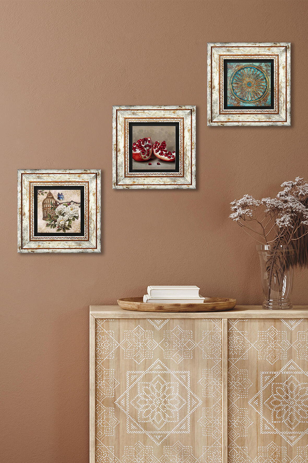 Yaşam Çiçeği, Kelebekli Çiçek, Nar Taş Duvar Tablosu Çerçeveli Duvar Dekoru 3 Parça Tablo Seti Wall Art