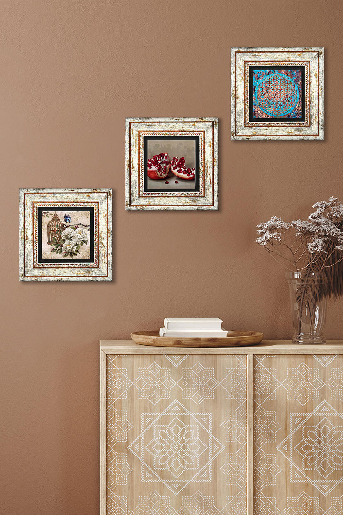 Yaşam Çiçeği, Kelebekli Çiçek, Nar Taş Duvar Tablosu Çerçeveli Duvar Dekoru 3 Parça Tablo Seti Wall Art