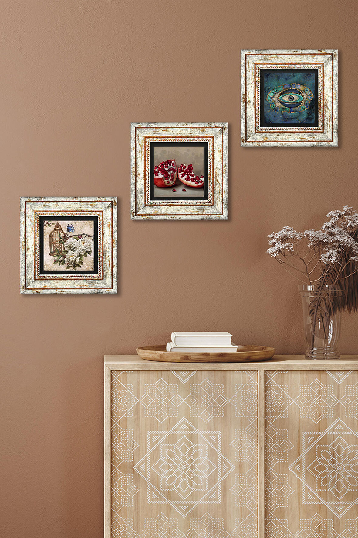 Nazar, Kelebekli Çiçek, Nar Taş Duvar Tablosu Çerçeveli Duvar Dekoru 3 Parça Tablo Seti Wall Art