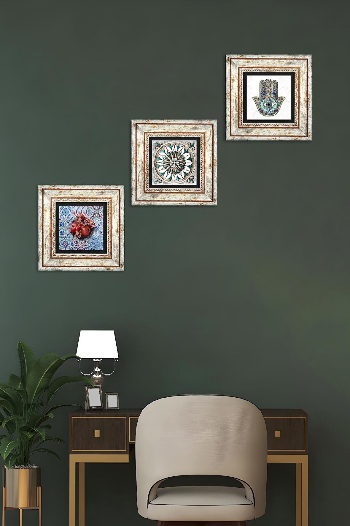 Çini Sanatı, Nar, Fatma Ana Eli (Hamsa) Taş Duvar Tablosu Çerçeveli Duvar Dekoru 3 Parça Tablo Seti Wall Art