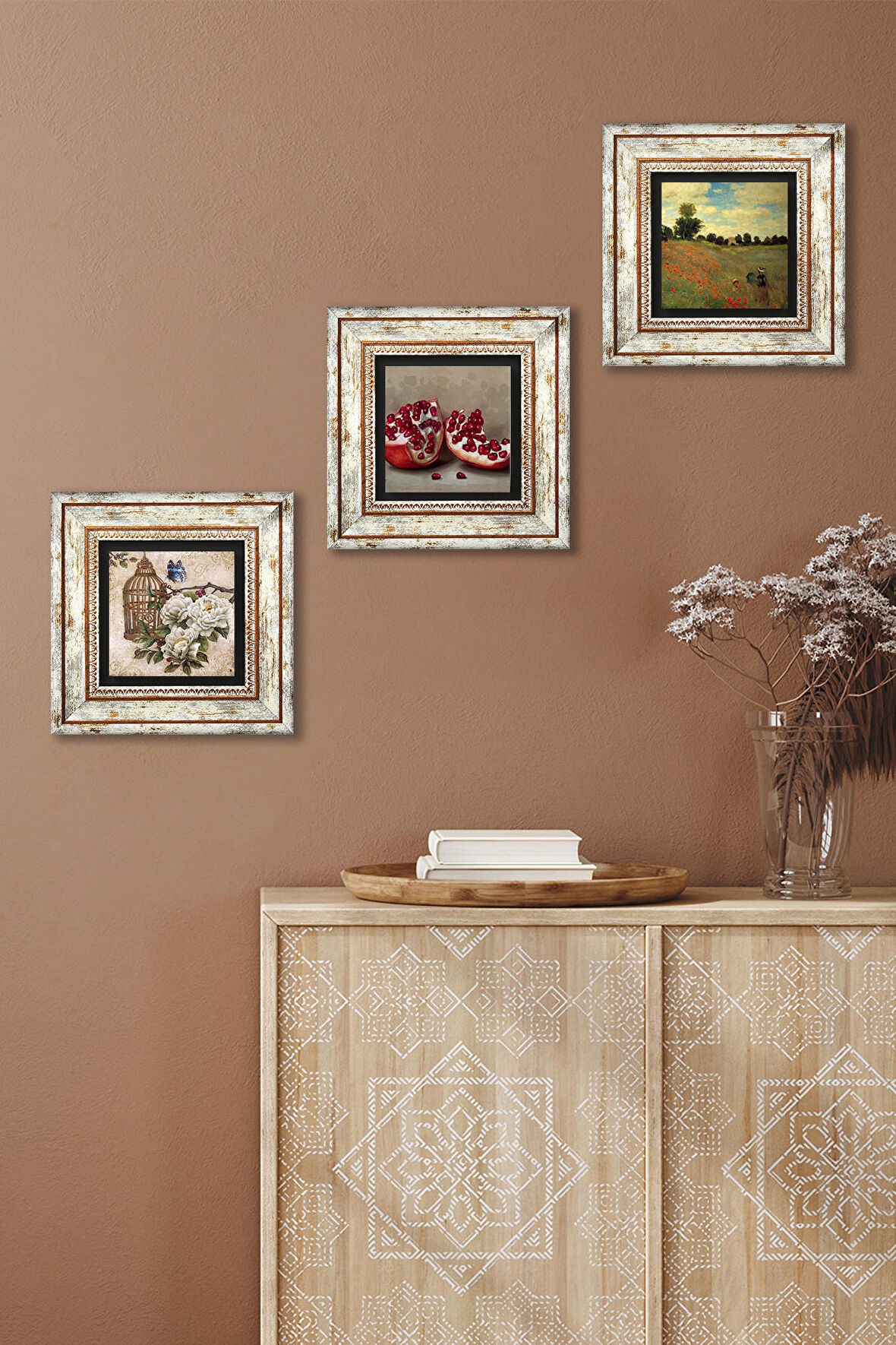 Claude Monet Gelincikler, Kelebekli Çiçek, Nar Taş Duvar Tablosu Çerçeveli Duvar Dekoru 3 Parça Tablo Seti Wall Art