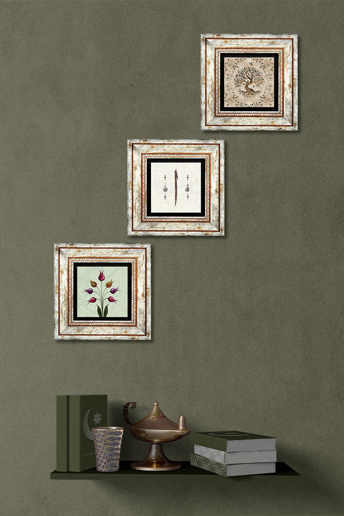 Lale Ebru Sanatı, Elif, Hayat Ağacı Taş Duvar Tablosu Çerçeveli Duvar Dekoru 3 Parça Tablo Seti Wall Art