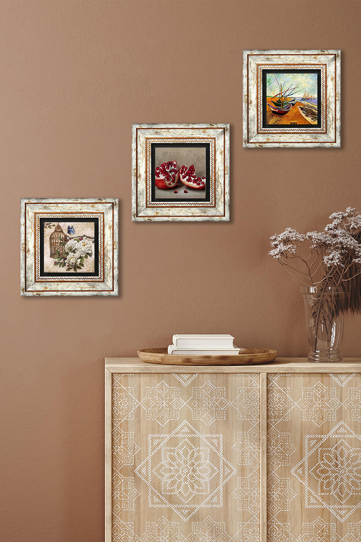 Van Gogh Balıkçı Tekneleri, Kelebekli Çiçek, Nar Taş Duvar Tablosu Çerçeveli Duvar Dekoru 3 Parça Tablo Seti Wall Art