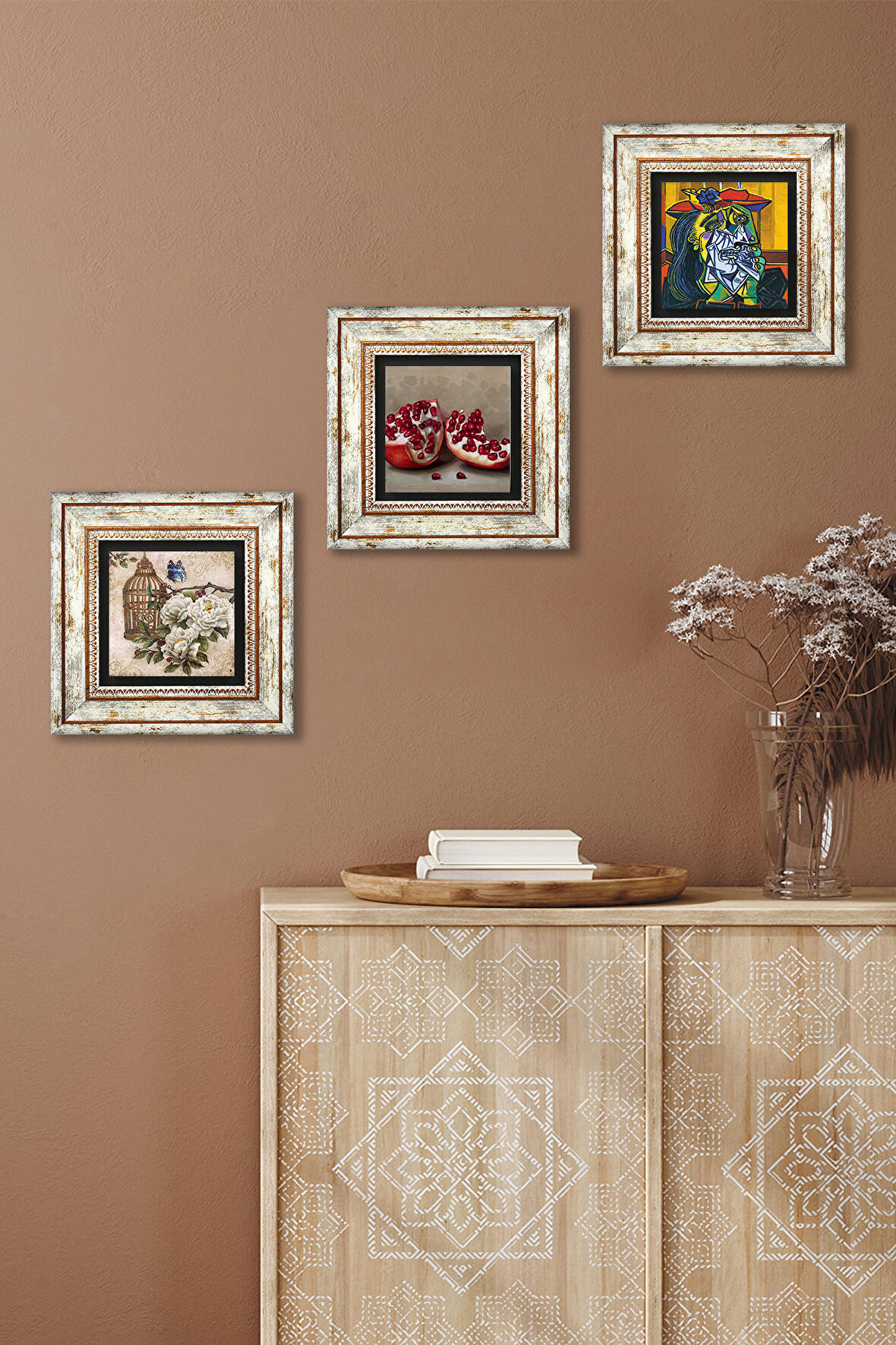 Picasso Ağlayan Kadın, Kelebekli Çiçek, Nar Taş Duvar Tablosu Çerçeveli Duvar Dekoru 3 Parça Tablo Seti Wall Art
