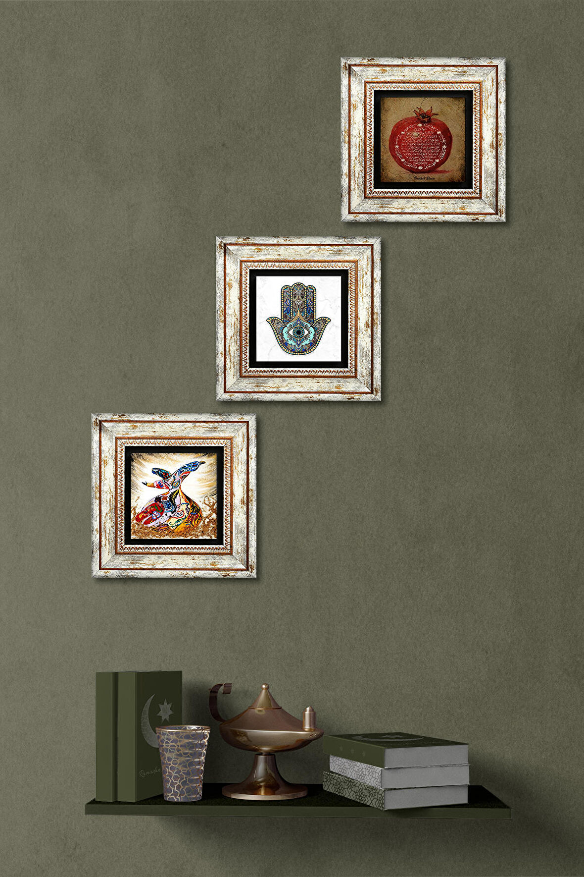Bereket Duası, Semazen, Fatma Ana Eli (Hamsa) Taş Duvar Tablosu Çerçeveli Duvar Dekoru 3 Parça Tablo Seti Wall Art