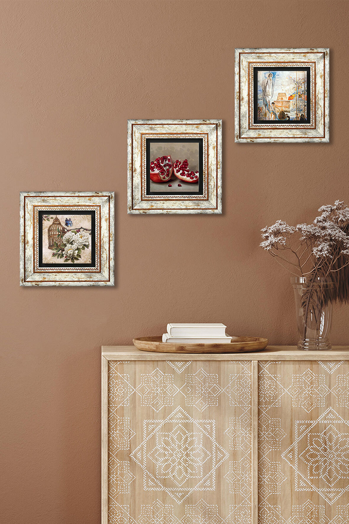 Salvador Dalí Amerika’nın Keşfi, Kelebekli Çiçek, Nar Taş Duvar Tablosu Çerçeveli Duvar Dekoru 3 Parça Tablo Seti Wall Art