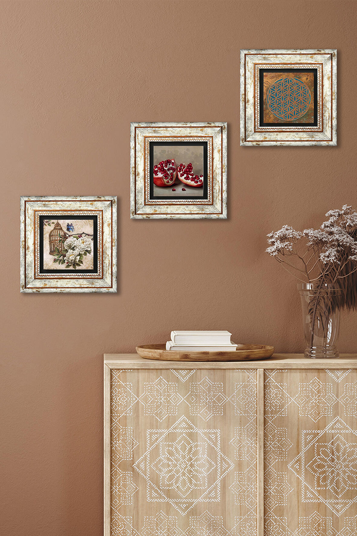 Yaşam Çiçeği, Kelebekli Çiçek, Nar Taş Duvar Tablosu Çerçeveli Duvar Dekoru 3 Parça Tablo Seti Wall Art