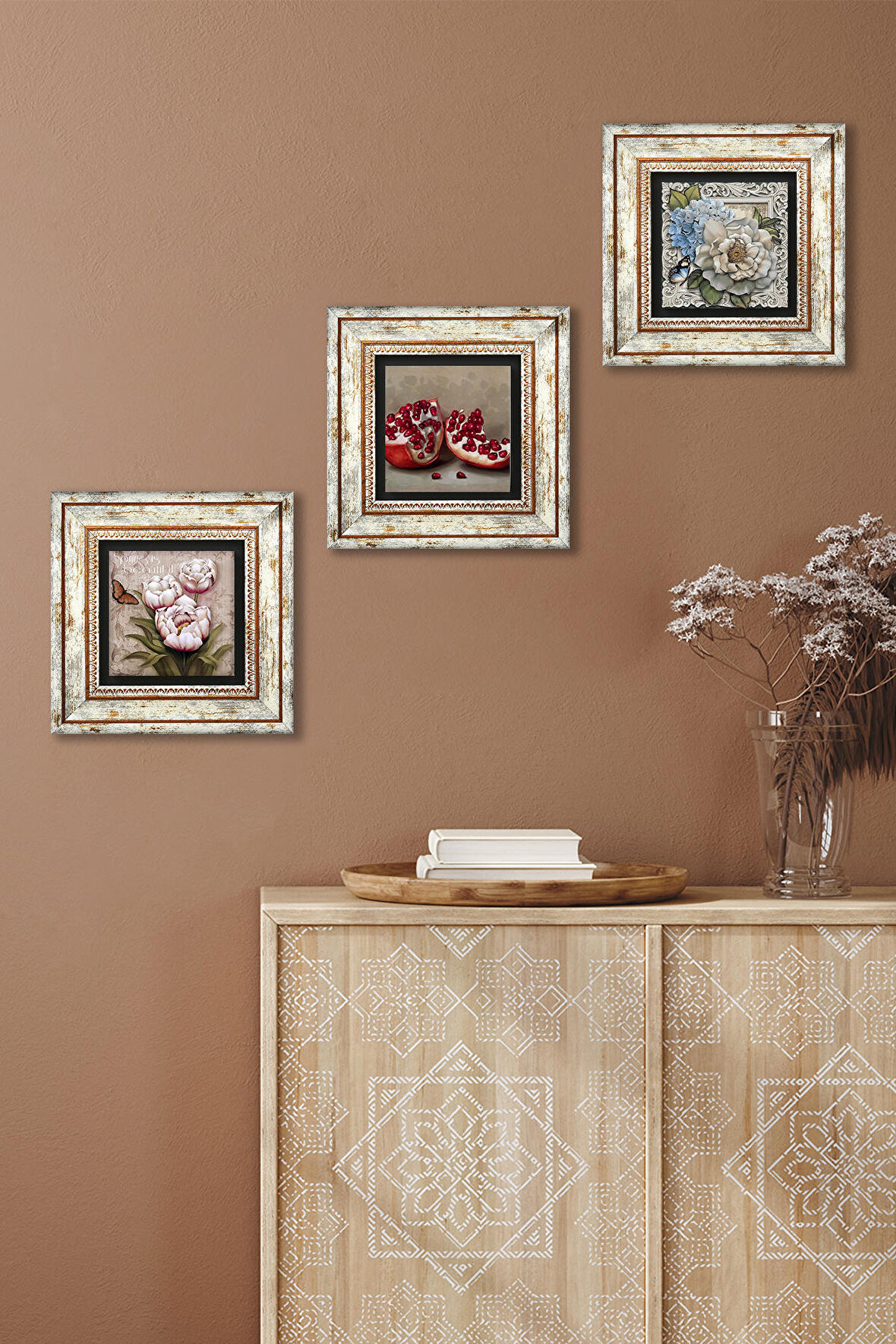 Kelebekli Çiçek, Nar Taş Duvar Tablosu Çerçeveli Duvar Dekoru 3 Parça Tablo Seti Wall Art