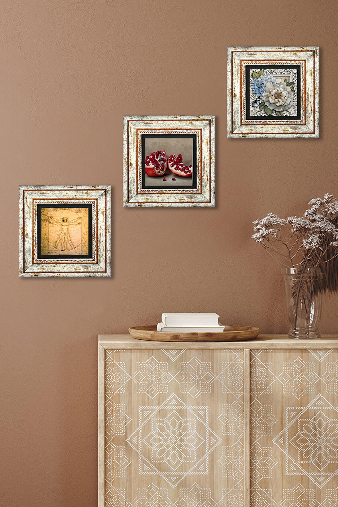 Leonardo da Vinci Vitruvius Adamı, Kelebekli Çiçek, Nar Taş Duvar Tablosu Çerçeveli Duvar Dekoru 3 Parça Tablo Seti Wall Art