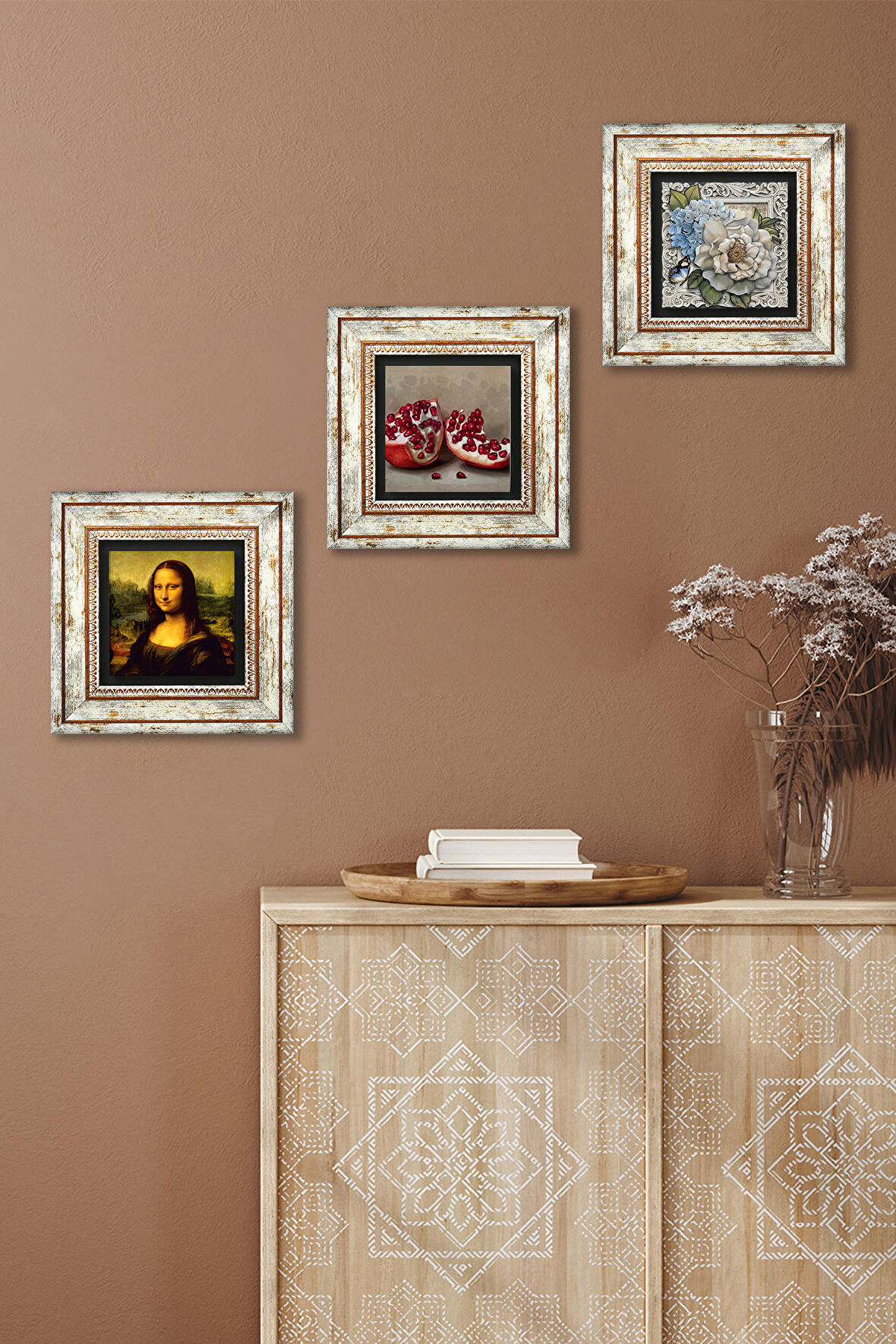 Leonardo da Vinci Mona Lisa, Kelebekli Çiçek, Nar Taş Duvar Tablosu Çerçeveli Duvar Dekoru 3 Parça Tablo Seti Wall Art