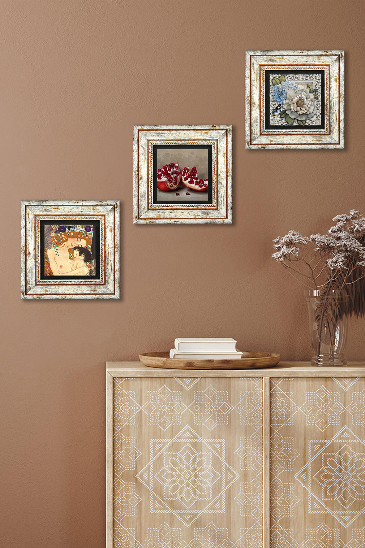 Gustav Klimt Anne Çocuk, Kelebekli Çiçek, Nar Taş Duvar Tablosu Çerçeveli Duvar Dekoru 3 Parça Tablo Seti Wall Art