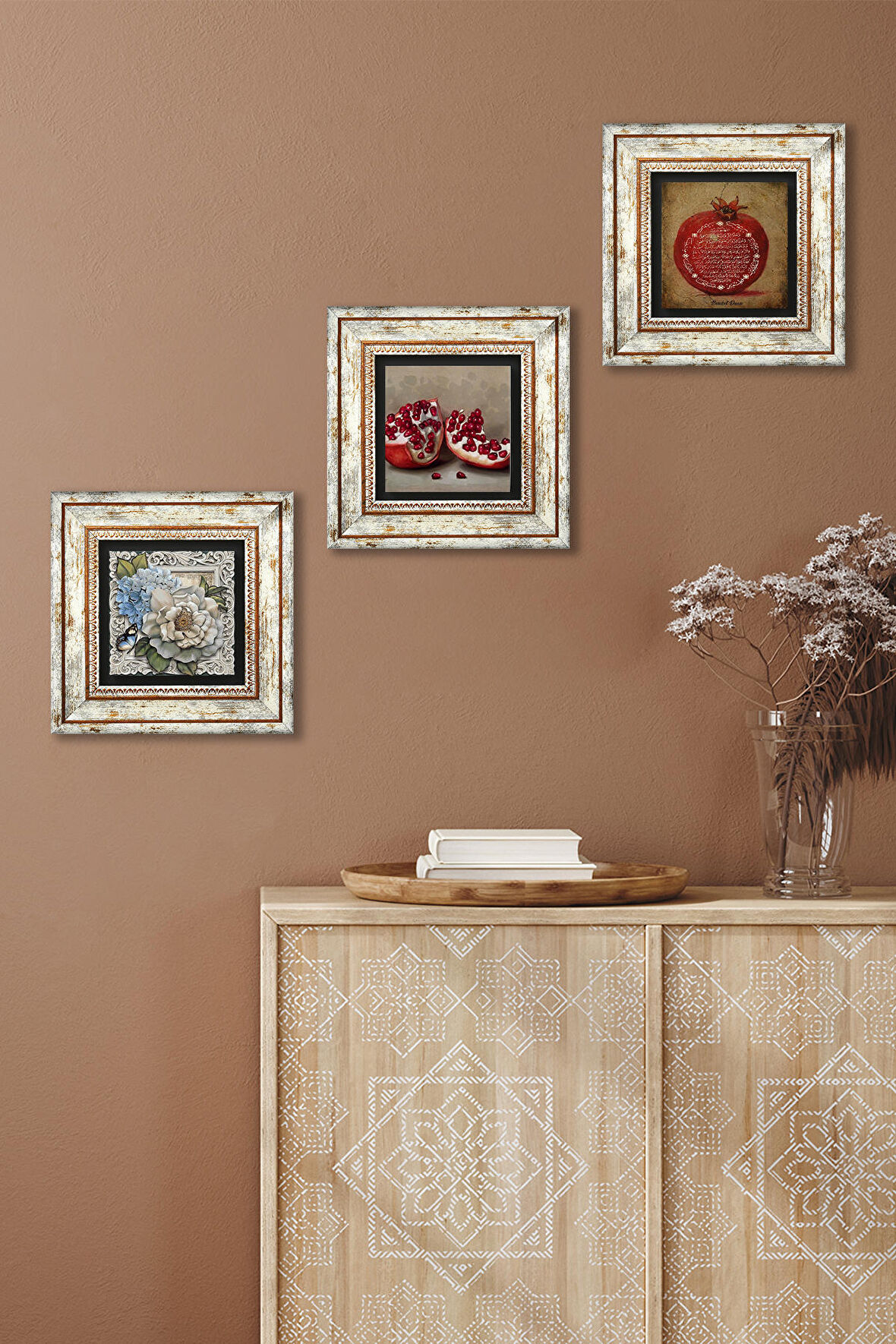 Bereket Duası, Kelebekli Çiçek, Nar Taş Duvar Tablosu Çerçeveli Duvar Dekoru 3 Parça Tablo Seti Wall Art