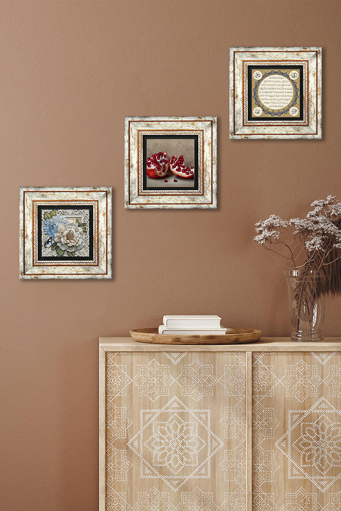 Hilye-i Şerif, Kelebekli Çiçek, Nar Taş Duvar Tablosu Çerçeveli Duvar Dekoru 3 Parça Tablo Seti Wall Art