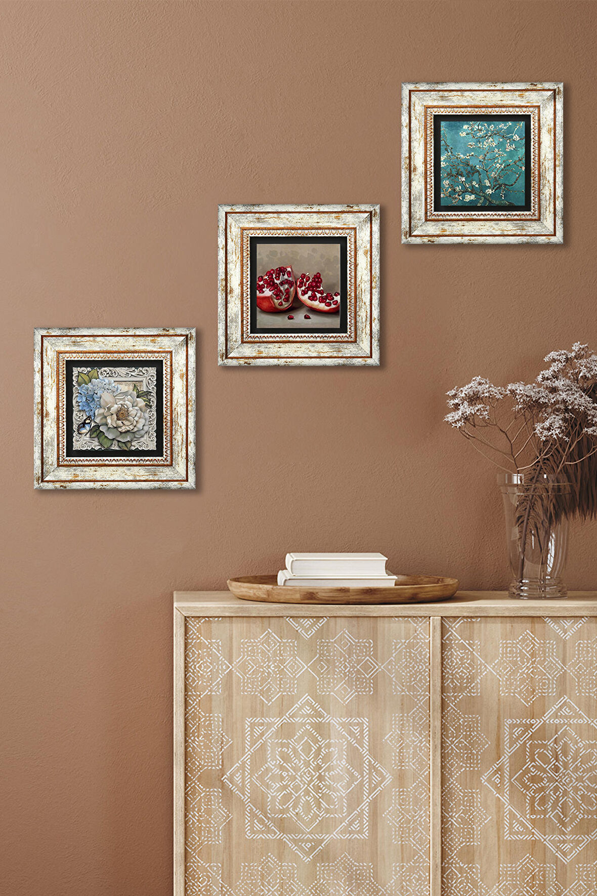 Van Gogh Badem Ağacı, Kelebekli Çiçek, Nar Taş Duvar Tablosu Çerçeveli Duvar Dekoru 3 Parça Tablo Seti Wall Art