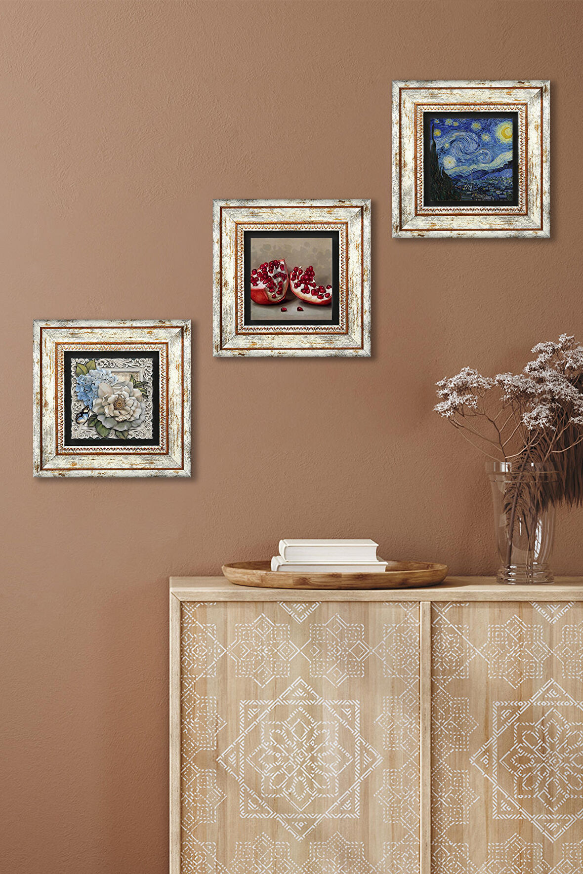 Van Gogh Yıldızlı Gece, Kelebekli Çiçek, Nar Taş Duvar Tablosu Çerçeveli Duvar Dekoru 3 Parça Tablo Seti Wall Art