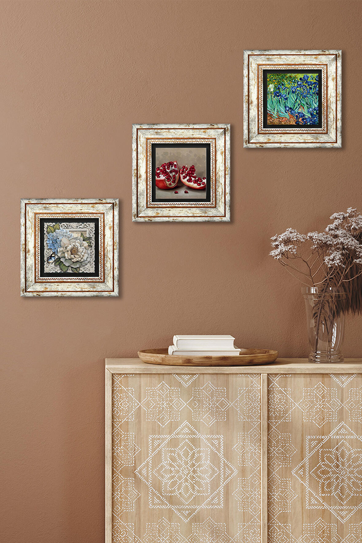 Van Gogh İrisler, Kelebekli Çiçek, Nar Taş Duvar Tablosu Çerçeveli Duvar Dekoru 3 Parça Tablo Seti Wall Art