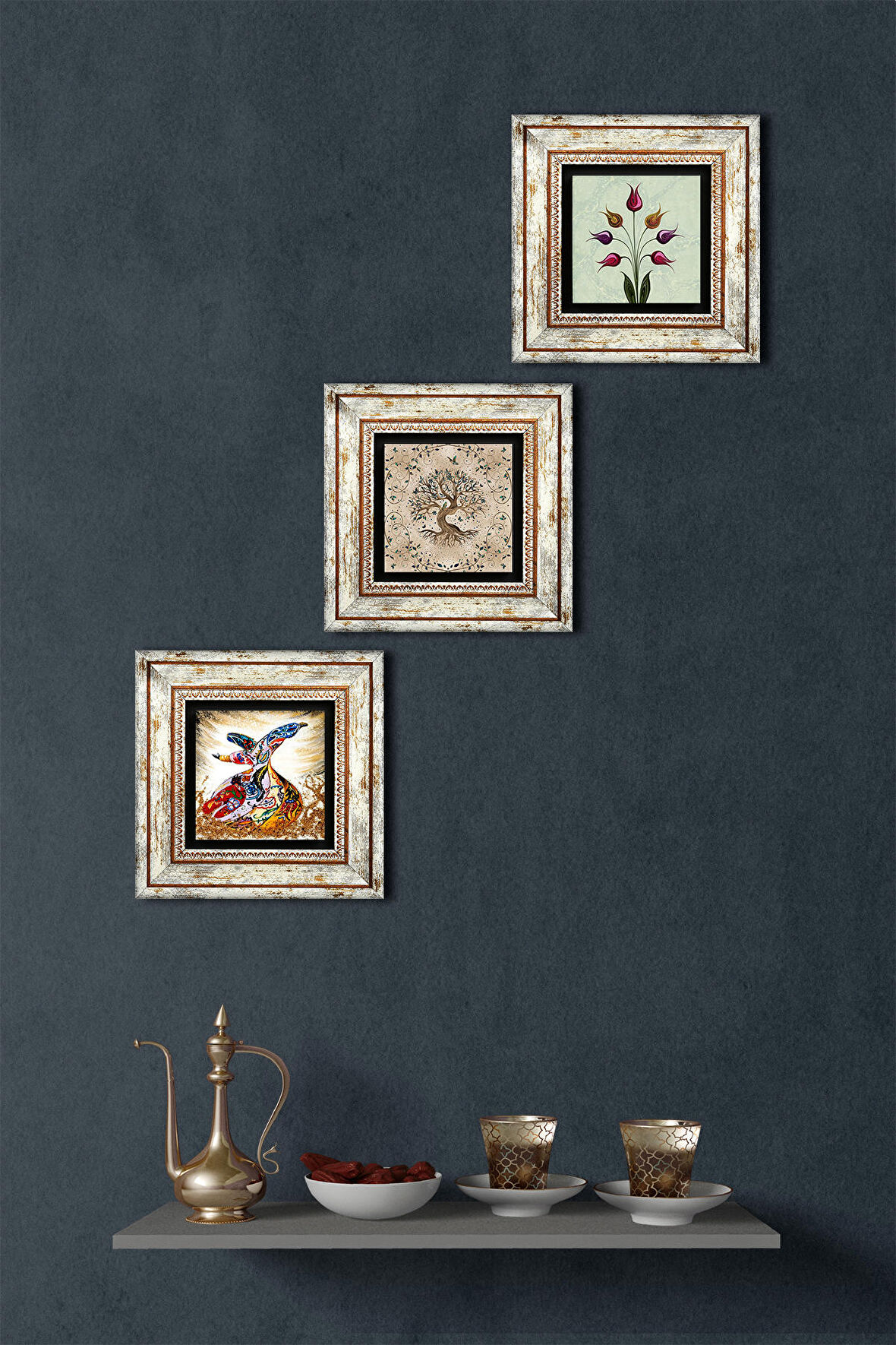 Lale Ebru Sanatı, Hayat Ağacı, Semazen Taş Duvar Tablosu Çerçeveli Duvar Dekoru 3 Parça Tablo Seti Wall Art
